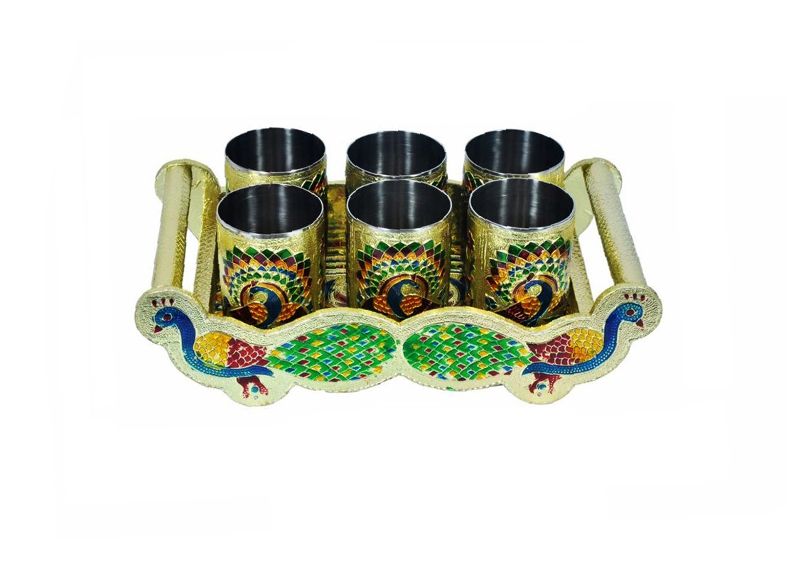 2125 Peacock Design Glass with Handle and Handicraft Serving Tray Set - SkyShopy 2125 Peacock Design Glass with Handle and Handicraft Serving Tray Set - SkyShopy